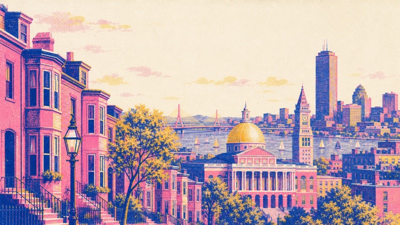 Risograph illustration of Boston: Beacon Hill brownstones, the State House dome and the Charles River