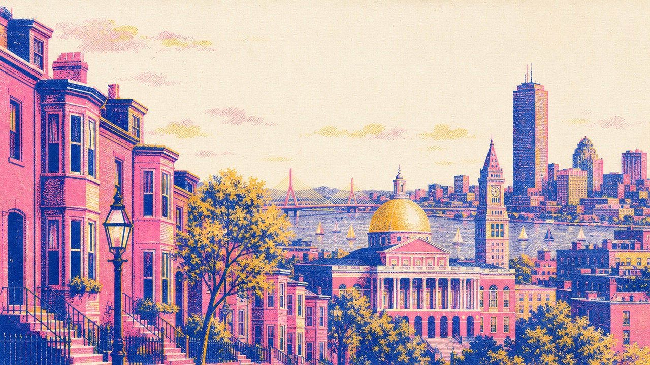 Risograph illustration of Boston: Beacon Hill brownstones, the State House dome and the Charles River