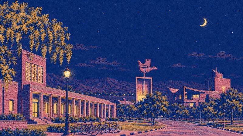 Risograph illustration of Chandigarh: DAV College, Sector 10, with the Open Hand and the Shivalik hills, at night
