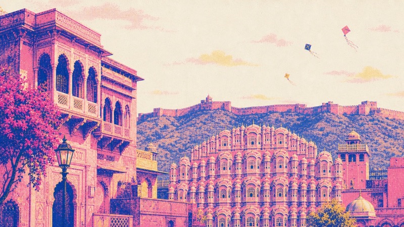Risograph illustration of Jaipur: the Hawa Mahal with Nahargarh Fort on the ridge